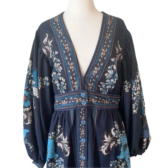 NWT FARM Rio Bloom Tapestry Black Plunge Bishop Sleeve Maxi Dress - Picture 2 of 11